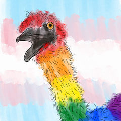 digitally drawn image of an emu in gay pride colors